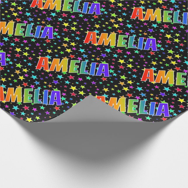 Rainbow First Name "AMELIA" + Stars Wrapping Paper (Corner)