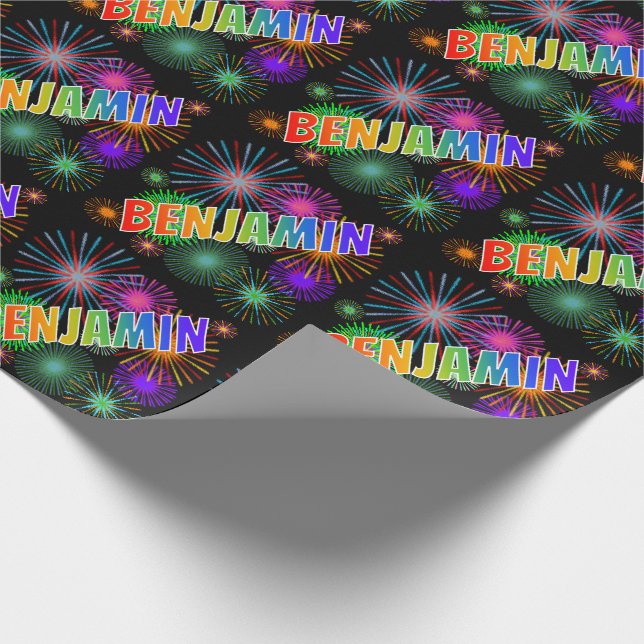 Rainbow First Name "BENJAMIN" + Fireworks Wrapping Paper (Corner)