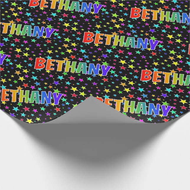 Rainbow First Name "BETHANY" + Stars Wrapping Paper (Corner)