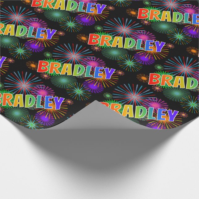 Rainbow First Name "BRADLEY" + Fireworks Wrapping Paper (Corner)