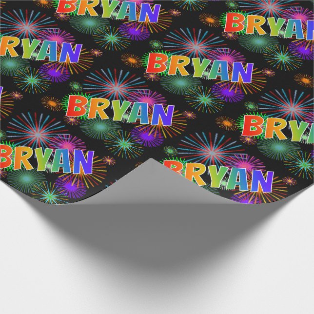 Rainbow First Name "BRYAN" + Fireworks Wrapping Paper (Corner)