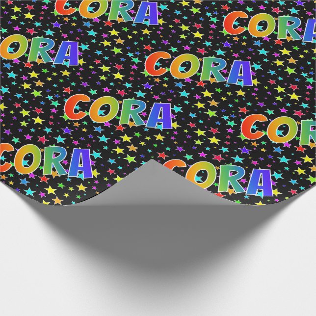 Rainbow First Name "CORA" + Stars Wrapping Paper (Corner)