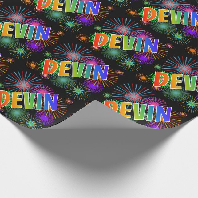 Rainbow First Name "DEVIN" + Fireworks Wrapping Paper (Corner)