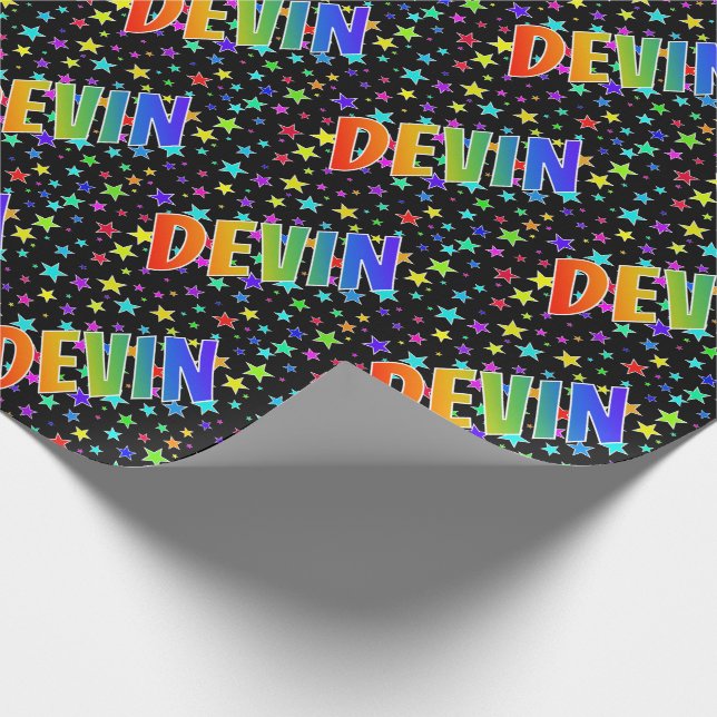 Rainbow First Name "DEVIN" + Stars Wrapping Paper (Corner)