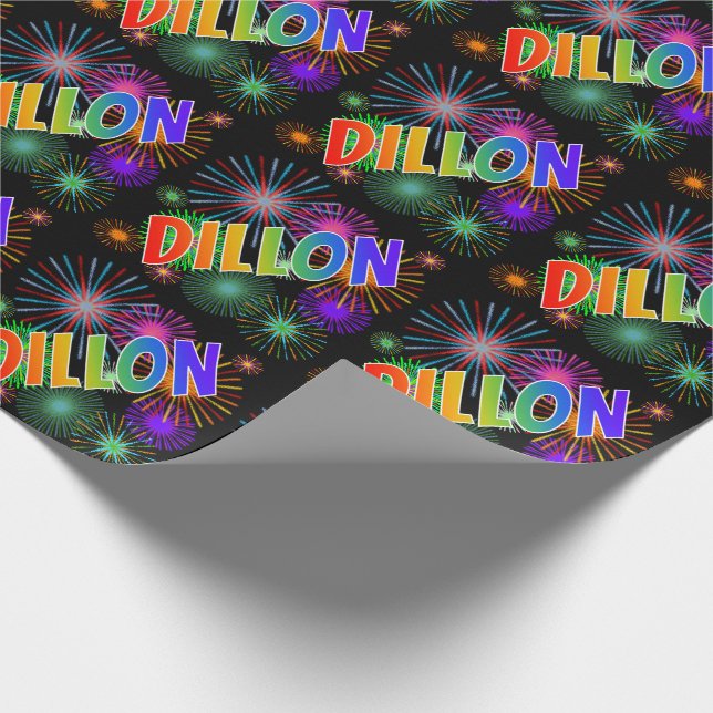 Rainbow First Name "DILLON" + Fireworks Wrapping Paper (Corner)
