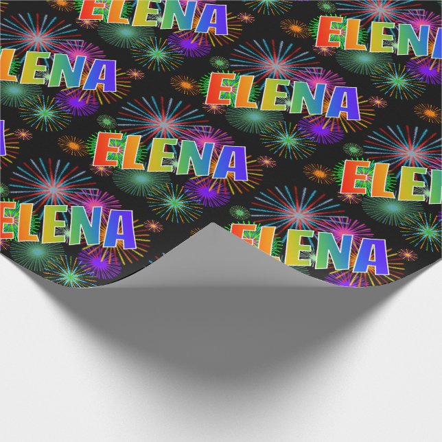 Rainbow First Name "ELENA" + Fireworks Wrapping Paper (Corner)