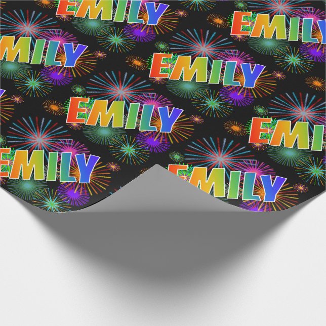 Rainbow First Name "EMILY" + Fireworks Wrapping Paper (Corner)