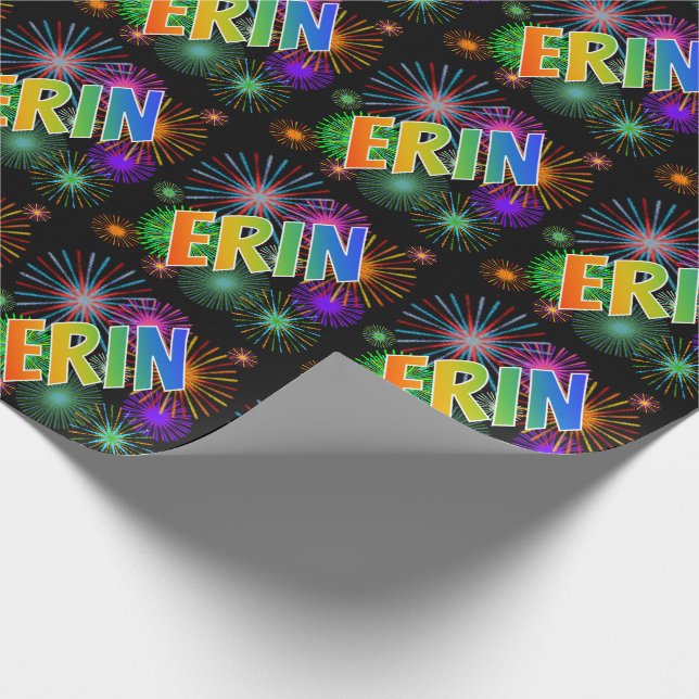 Rainbow First Name "ERIN" + Fireworks Wrapping Paper (Corner)
