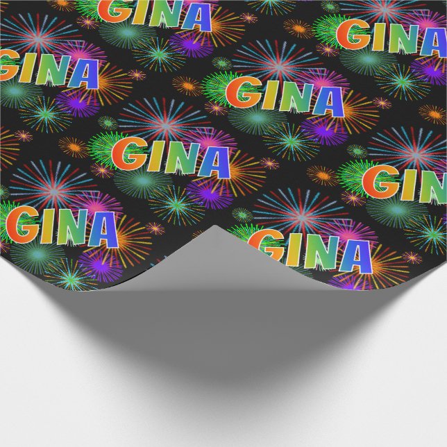 Rainbow First Name "GINA" + Fireworks Wrapping Paper (Corner)