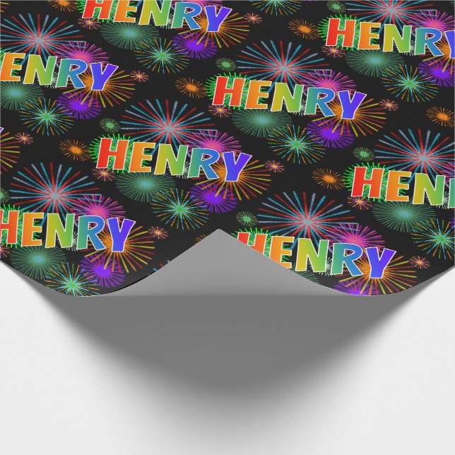 Rainbow First Name "HENRY" + Fireworks Wrapping Paper (Corner)
