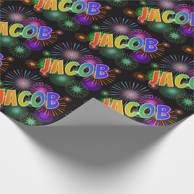 Rainbow First Name "JACOB" + Fireworks Wrapping Paper (Corner)