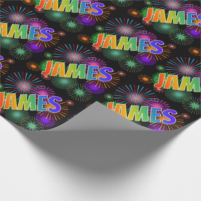 Rainbow First Name "JAMES" + Fireworks Wrapping Paper (Corner)