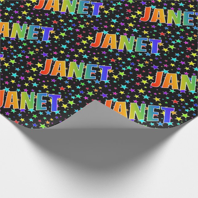 Rainbow First Name "JANET" + Stars Wrapping Paper (Corner)