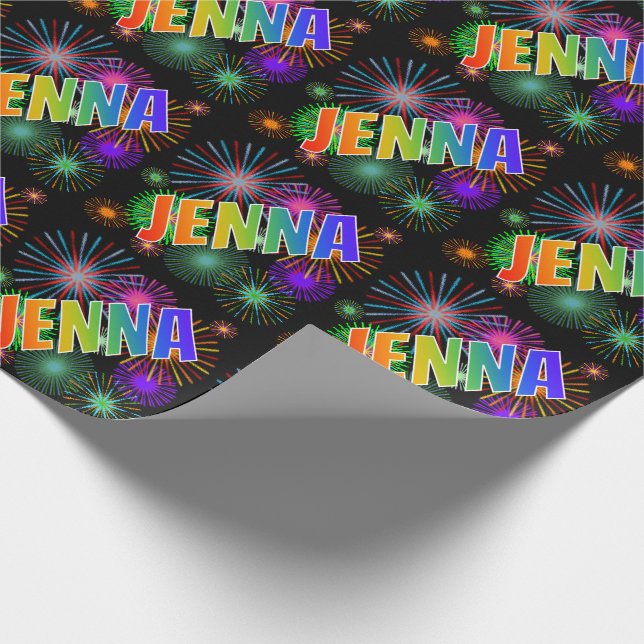 Rainbow First Name "JENNA" + Fireworks Wrapping Paper (Corner)