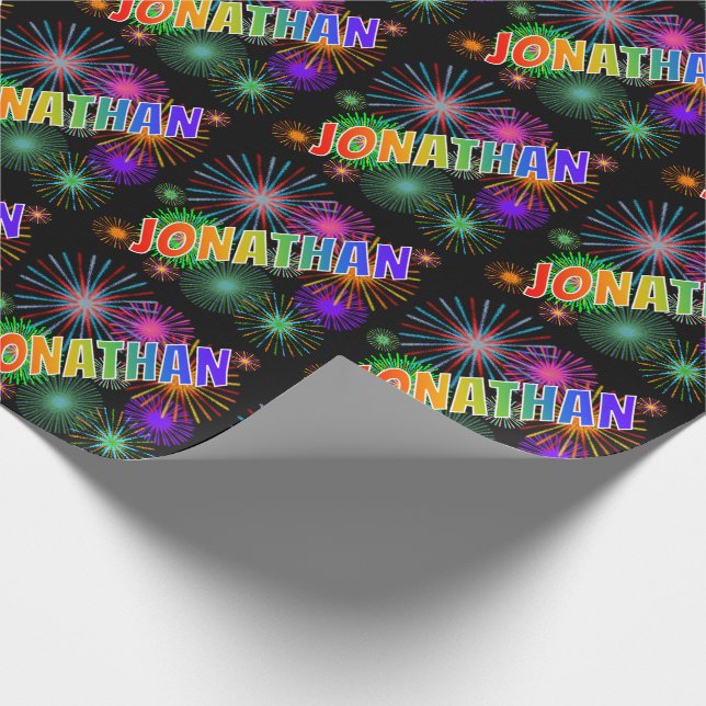 Rainbow First Name "JONATHAN" + Fireworks Wrapping Paper (Corner)