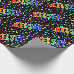 Rainbow First Name "KELSEY" + Stars Wrapping Paper