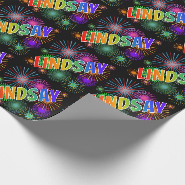 Rainbow First Name "LINDSAY" + Fireworks Wrapping Paper (Corner)