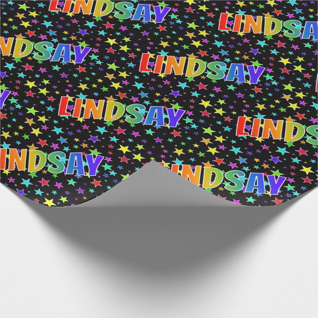 Rainbow First Name "LINDSAY" + Stars Wrapping Paper (Corner)