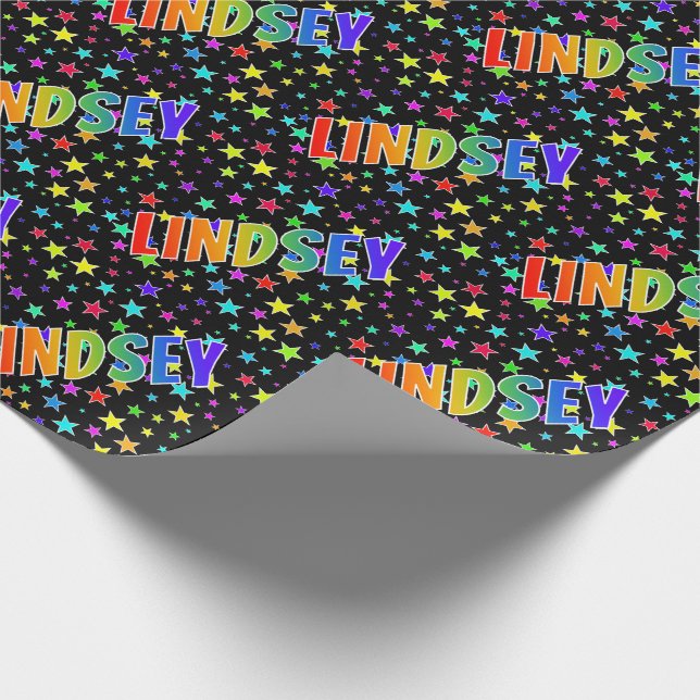 Rainbow First Name "LINDSEY" + Stars Wrapping Paper (Corner)