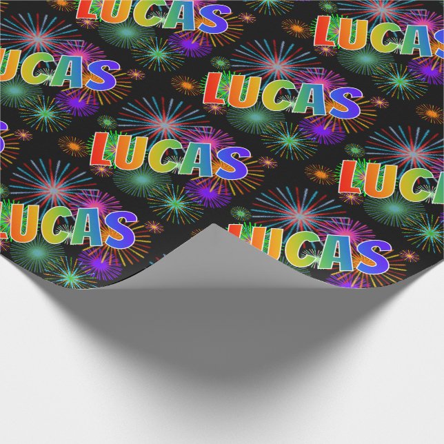 Rainbow First Name "LUCAS" + Fireworks Wrapping Paper (Corner)