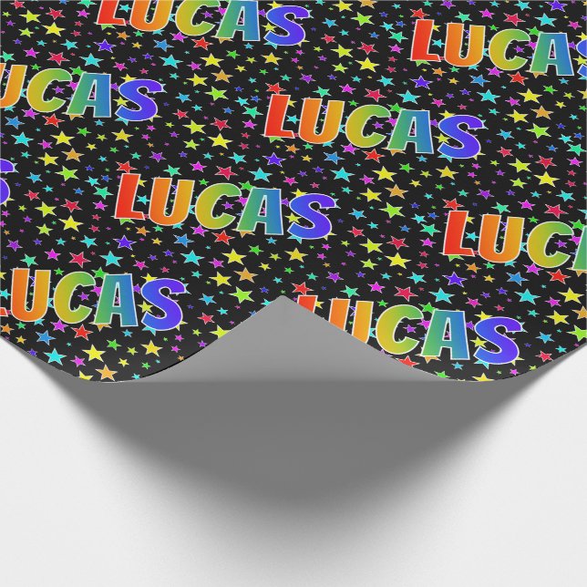 Rainbow First Name "LUCAS" + Stars Wrapping Paper (Corner)