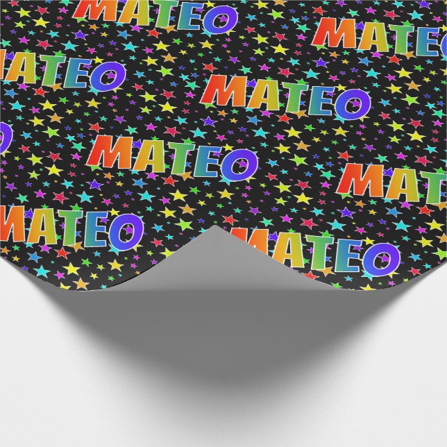 Rainbow First Name "MATEO" + Stars Wrapping Paper (Corner)