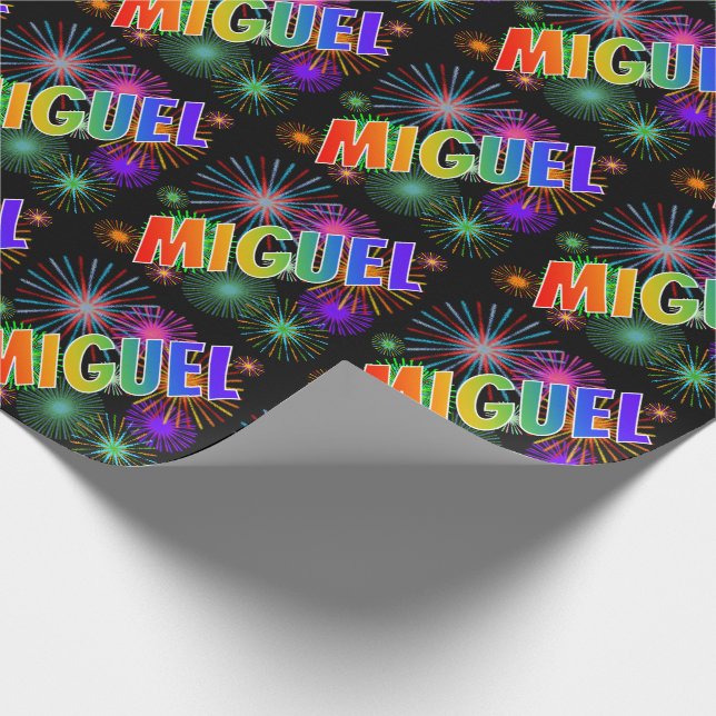 Rainbow First Name "MIGUEL" + Fireworks Wrapping Paper (Corner)