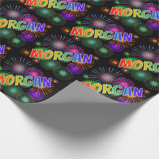 Rainbow First Name "MORGAN" + Fireworks Wrapping Paper (Corner)