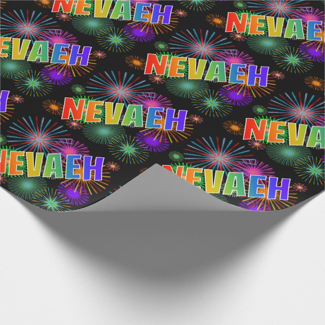 Rainbow First Name "NEVAEH" + Fireworks Wrapping Paper (Corner)