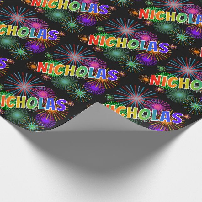 Rainbow First Name "NICHOLAS" + Fireworks Wrapping Paper (Corner)