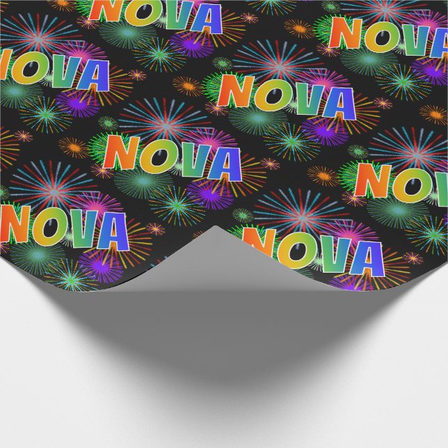 Rainbow First Name "NOVA" + Fireworks Wrapping Paper (Corner)