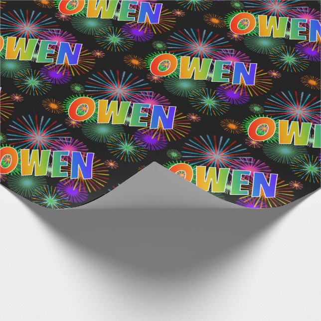 Rainbow First Name "OWEN" + Fireworks Wrapping Paper (Corner)