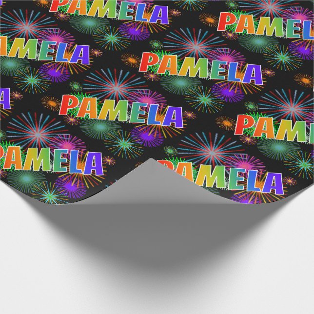 Rainbow First Name "PAMELA" + Fireworks Wrapping Paper (Corner)