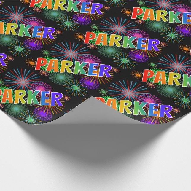 Rainbow First Name "PARKER" + Fireworks Wrapping Paper (Corner)