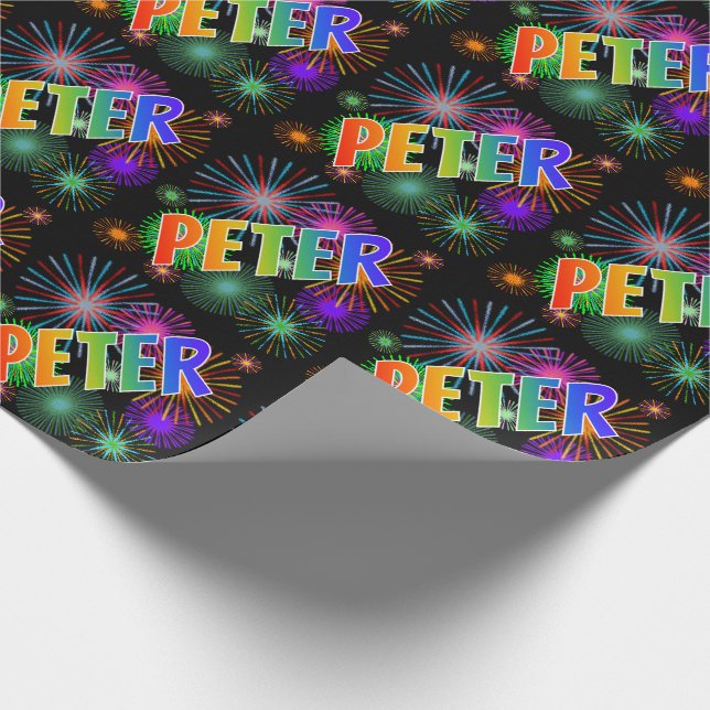 Rainbow First Name "PETER" + Fireworks Wrapping Paper (Corner)