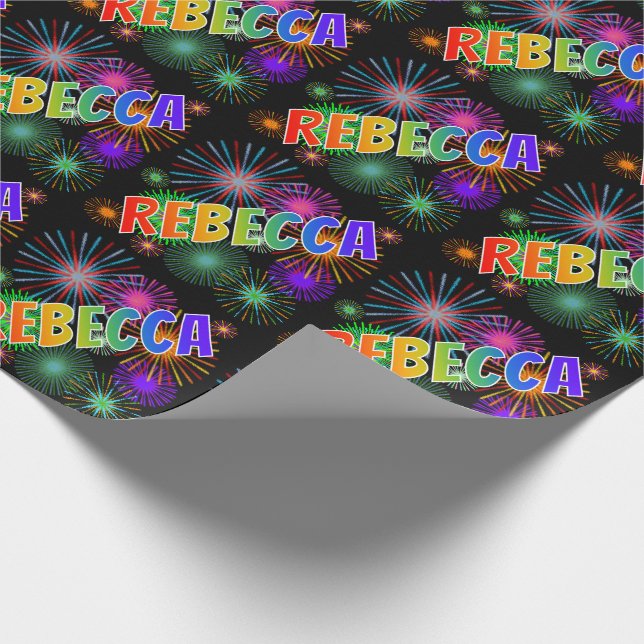 Rainbow First Name "REBECCA" + Fireworks Wrapping Paper (Corner)