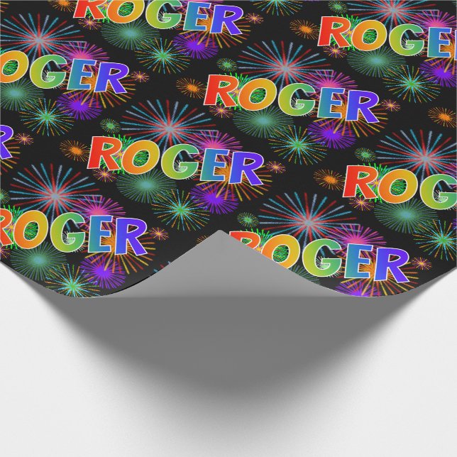 Rainbow First Name "ROGER" + Fireworks Wrapping Paper (Corner)