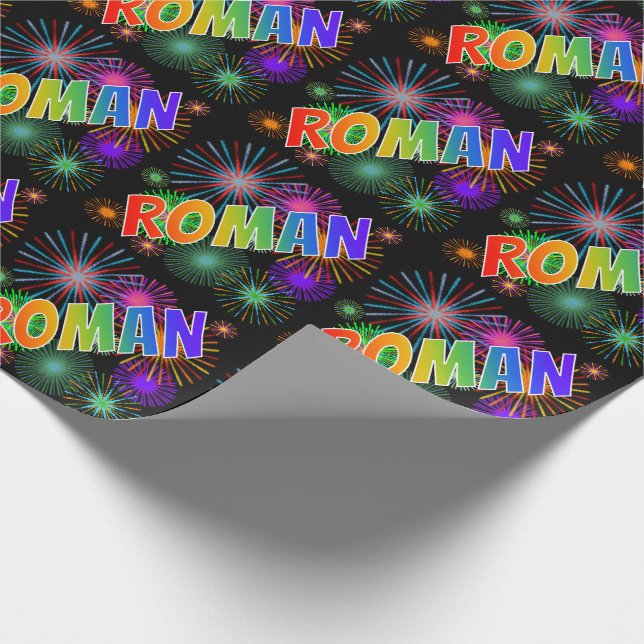 Rainbow First Name "ROMAN" + Fireworks Wrapping Paper (Corner)
