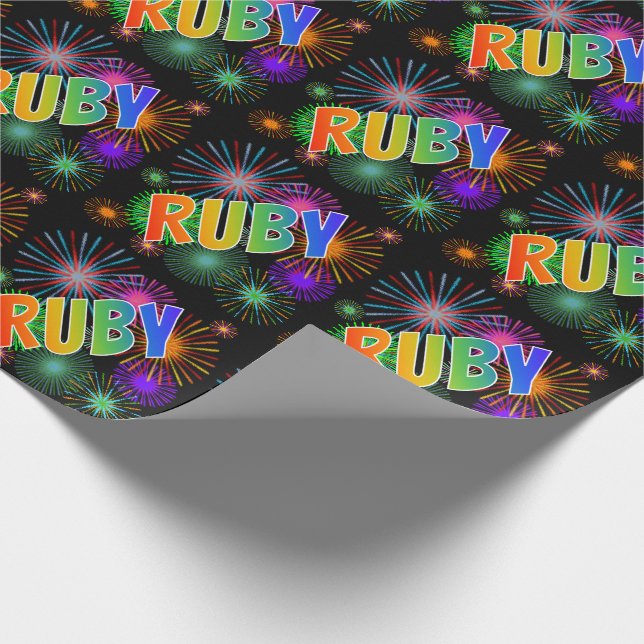 Rainbow First Name "RUBY" + Fireworks Wrapping Paper (Corner)