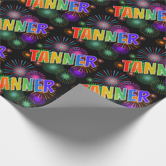Rainbow First Name "TANNER" + Fireworks Wrapping Paper (Corner)