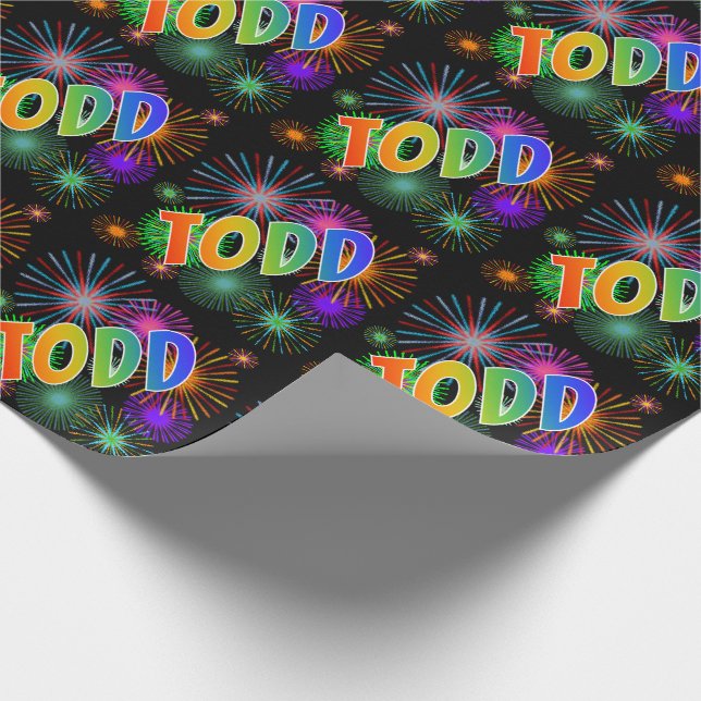 Rainbow First Name "TODD" + Fireworks Wrapping Paper (Corner)