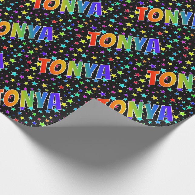 Rainbow First Name "TONYA" + Stars Wrapping Paper (Corner)