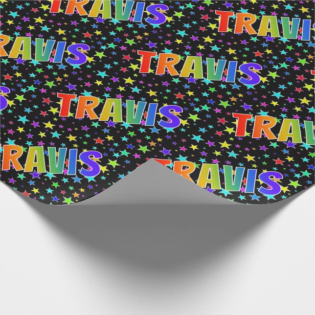 Rainbow First Name "TRAVIS" + Stars Wrapping Paper (Corner)