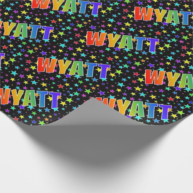 Rainbow First Name "WYATT" + Stars Wrapping Paper (Corner)