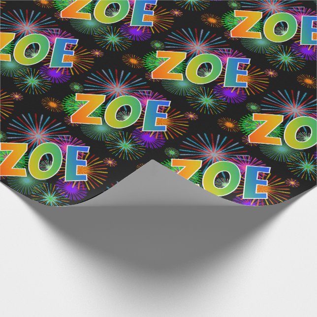 Rainbow First Name "ZOE" + Fireworks Wrapping Paper (Corner)