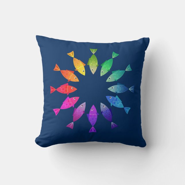 Rainbow fish in ocean cute colourful pattern cushion (Front)