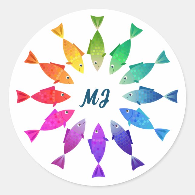 Rainbow fish in ocean cute colourful pattern Watch Classic Round Sticker (Front)