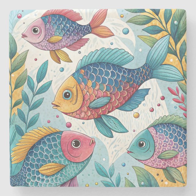 Rainbow Fish in Underwater Stone Coaster (Front)