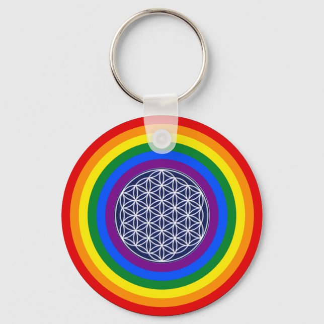 RAINBOW FLAG BUTTON + FLOWER OF LIFE KEY RING (Front)