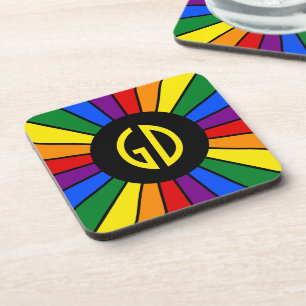 RAINBOW FLAG BUTTON RAYS + your sign or monogram Coaster